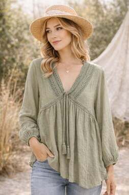 Entro Sage Green Crochet Lace V-Neck Tassel Babydoll Blouse Size S